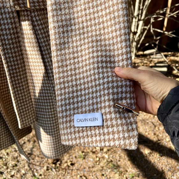 Calvin Klein Wool Shawl Coat women houndstooth M belted plaid khaki cream trench - Picture 7 of 13